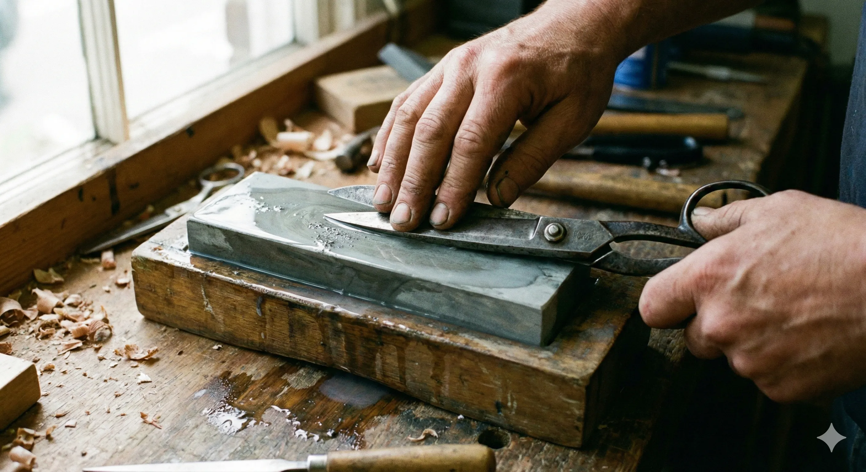 Hands sharpening hairdressing scissors on a whetstone